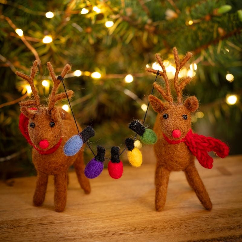Felt Reindeer Pair with Fairy Lights tied to their antlers