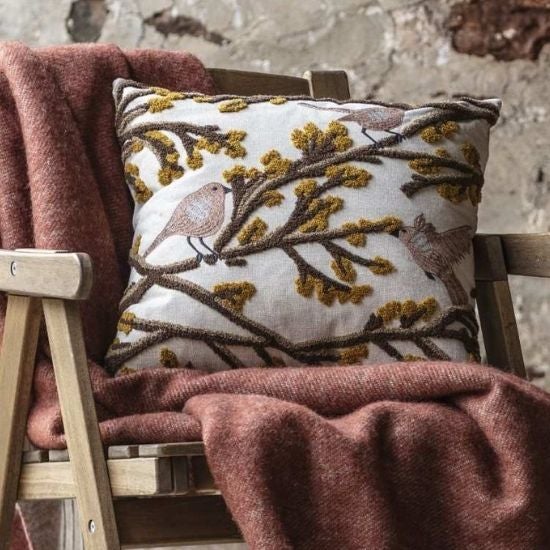 National Trust Embroidered Birds on Branches Cushion