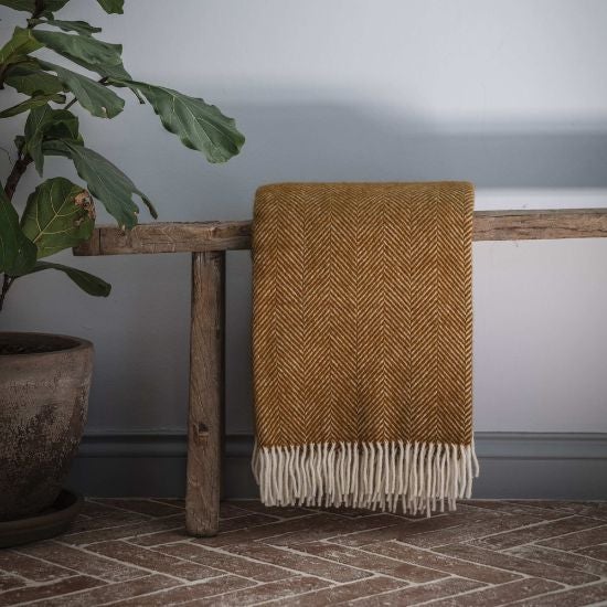 National Trust mustard fishbone wool throw/blanket