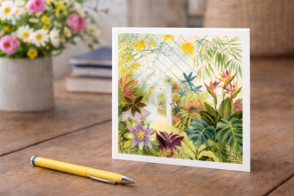 Image shows Notecards and notebook on a duck egg blue wooden chair