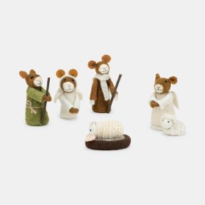 Set of five handcrafted felt nativity figures displayed against a light background, including a shepherd mouse wearing a green robe and holding a staff, two standing angel mice dressed in white with wings, a taller mouse figure wearing a white scarf and h