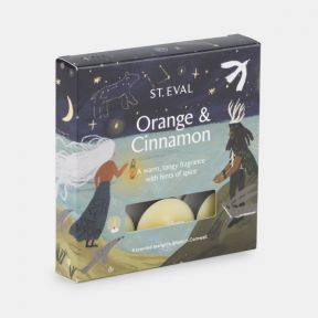 St Eval Orange & Cinnamon scented tealight gift pack displayed against a light background, featuring an illustrated cardboard box containing nine tealights and three loose tealights arranged in front. The packaging showcases a festive coastal-inspired sce