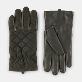 Pair of dark olive green leather outdoor gloves displayed against a light background, shown from both sides. One glove features a quilted diamond-stitched back with lightly padded detailing and an elasticated section at the wrist for a secure fit, while t