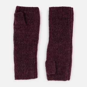 Burgundy fingerless knitted gloves with a soft brushed texture, featuring a plain-knit design, ribbed cuffs, and thumb openings, shown from front and back views.