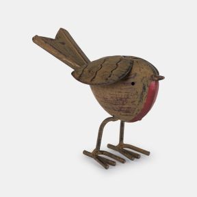 Decorative metal robin garden ornament with a rustic brown finish, red breast, layered metal wings, and long tail. The bird stands on wire legs with oversized feet, shown from the rear against a plain light background.