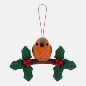 Handcrafted felt robin hanging decoration displayed against a light background. The ornament features a brown and orange robin with black felt eyes and beak, perched on a curved brown branch. Green felt holly leaves and bright red berry accents decorate e