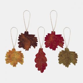 Set of five autumn leaf hanging decorations displayed against a light background. Each decoration is shaped like a different woodland leaf and features printed vein detailing in rich seasonal colours including golden yellow, burnt orange, deep red, warm b