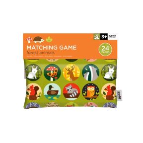 Forest Animals Matching Game presented in a reusable green fabric storage pouch decorated with colourful woodland animal illustrations, containing 24 memory cards and designed for children aged 3 and over.