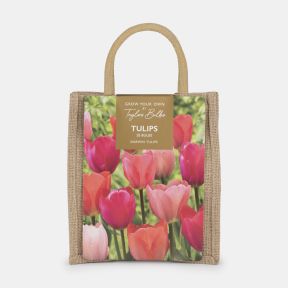 Grow Your Own Tulips gift bag by Taylors Bulbs, containing 20 Darwin tulip bulbs. The reusable jute-style bag features a vibrant photograph of pink and coral tulips in bloom and sturdy woven handles for carrying.