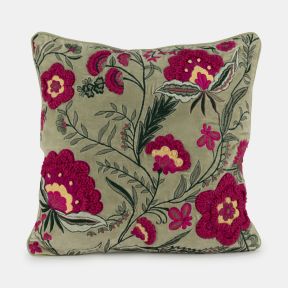 Floral Embroidered Velvet Cushion, Green