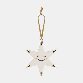 White ceramic star Christmas hanging decoration featuring a smiling face with pink cheek details, gold-tone tipped points, a glossy glazed finish, and a gold hanging ribbon for festive seasonal décor.