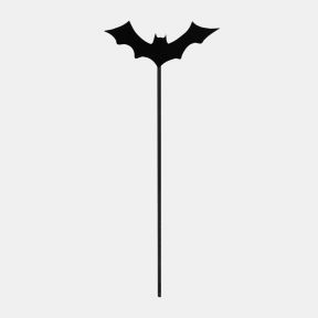 Metal garden stake featuring a black bat silhouette with outstretched wings, mounted on a slender metal rod for placement in flower beds, planters or garden displays, isolated on a white background.