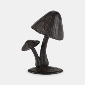 Cast iron mushroom sculpture featuring two mushrooms with textured stems and detailed caps, finished in a dark brown weathered patina and mounted on a solid base, isolated on a white background.