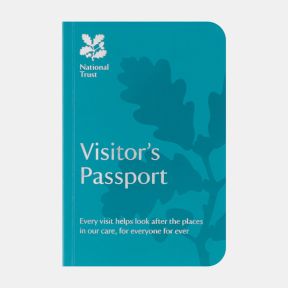National Trust Visitor’s Passport booklet with a turquoise cover, featuring the National Trust logo, white “Visitor’s Passport” text and stylised oak leaf artwork, designed for collecting visit stamps and isolated on a white background.