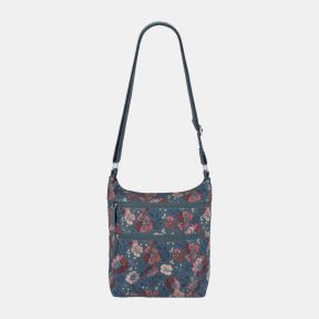 Blue floral crossbody bag with adjustable shoulder strap and multiple zip pockets.