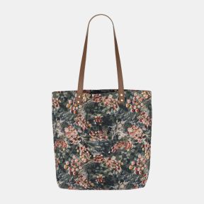 Floral print tote bag with tan shoulder straps and all-over botanical berry pattern.