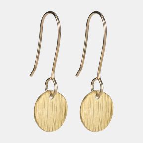 Gold-tone disc drop earrings featuring a brushed textured finish, round pendant charms, and elegant fishhook ear wires.