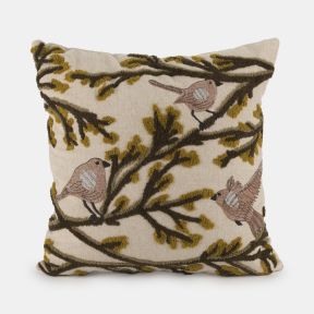 Embroidered and tufted cushion featuring delicate birds perched among branching foliage on a soft neutral background. Textured detailing in warm brown and mustard tones adds depth and character, creating a cosy nature-inspired design for living rooms and