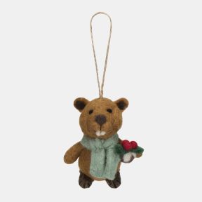 Felt beaver Christmas hanging decoration featuring a brown wool-effect body, pale blue scarf, and a holly sprig with red berries, finished with handcrafted needle-felted detailing, embroidered facial features, and a rustic twine hanging loop.