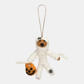 Felt mummy hanging decoration carrying an orange pumpkin trick-or-treat bucket. Crafted from white felt with wrapped mummy-style detailing, stitched black accents, and a natural hanging loop, this playful Halloween ornament is ideal for seasonal displays,