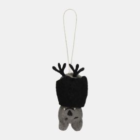 Felt bat hanging decoration with a grey felt body, black folded wings, and a playful winking expression. Finished with black felt ears, small white fangs, and a natural hanging loop, making it a charming Halloween ornament for seasonal displays, tree deco