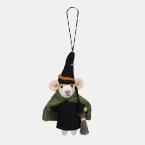 Felt mouse Wizard hanging decoration wearing a black hat and cloak with a green cape, holding a miniature broom. Finished with a black and white hanging loop, this charming Halloween ornament is ideal for seasonal displays, trees, or gifting.