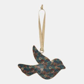 Erddig print bird-shaped hanging decoration featuring a floral pattern in teal, coral, and pink tones with gold accents. Finished with a gold ribbon loop for hanging, ideal for seasonal displays, home décor, or gifting.