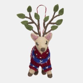 Felt hanging reindeer Christmas decoration featuring green leaf-tipped antlers, embroidered closed-eye detailing, and a red knitted jumper with blue and white festive pattern accents, suspended from a red and white hanging loop.
