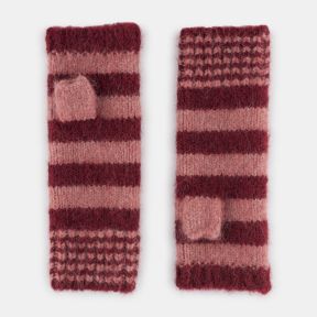 Pink and burgundy striped fingerless gloves with a soft fuzzy knit texture, featuring alternating horizontal stripes, textured cuff detailing, and thumb openings for comfortable everyday wear.