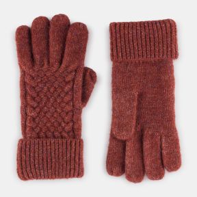 Rust orange knitted gloves with a textured cable-knit panel, soft marl finish, and ribbed turn-back cuffs, shown from front and back views.