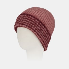 Pink ribbed knit beanie hat with a chunky textured turn-up brim in contrasting burgundy and pink tones, featuring a soft fluffy yarn and cosy winter design.