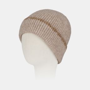 Cream ribbed knit beanie hat with a soft fluffy texture, wide turn-up brim, and subtle camel contrast stitching detail, designed for cosy cold-weather wear.