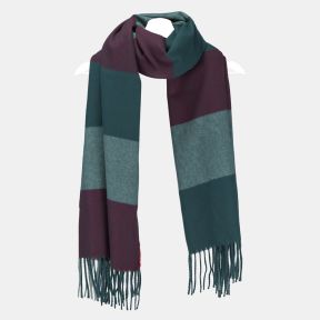 Teal and burgundy colour block scarf with wide contrasting panels, soft brushed texture, and fringed ends, displayed draped on a hanger.