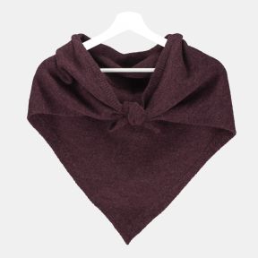 Burgundy triangular knitted scarf with a soft brushed texture and ribbed trim, styled tied at the front and displayed on a hanger for cosy cold-weather layering.