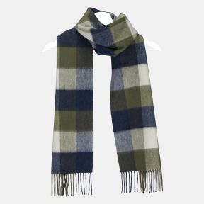 Navy, olive green and cream oversized check scarf with bold colour block squares, featuring a soft brushed texture, classic tartan-inspired design, and fringed ends, displayed draped on a hanger.