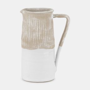White Stoneware Jug with a rustic handcrafted design, featuring a textured natural stone-effect upper section and smooth white glazed base. The tall ceramic jug is finished with an elegant curved handle and pouring spout, making it ideal for displaying fl