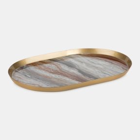 Marble Metal Tray featuring a sleek oval design with a gold-toned metal frame and an elegant marble-effect surface. Swirling grey, white and blush pink veining creates a sophisticated finish, making this decorative tray ideal for displaying candles, acces