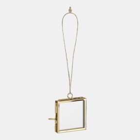 Gold-tone hanging photo frame decoration featuring a square glass display case with hinged opening, metal clasp fastening, and natural twine hanging loop for displaying photographs, pressed flowers, or keepsakes.