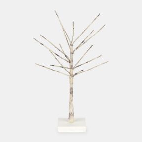 Decorative birch wood tabletop tree with natural bark finish, featuring multiple bare branches on a square wooden base, ideal for displaying hanging ornaments and seasonal decorations.