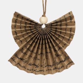 Paper angel Christmas hanging decoration shown in a close-up view, featuring a pleated kraft paper fan design with black handwritten script print, natural wooden bead detail, and a brown hanging cord for rustic festive décor.