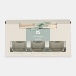 Luxury fragranced reed diffuser trio gift set featuring three glass diffusers with reeds. Scents include Patchouli & Moss, Fresh Eucalyptus & Mint, and Forest Walk, presented in a cream gift box with a soft green label and ribbon.