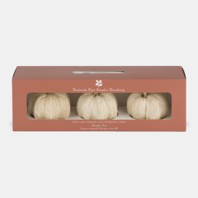 Handmade rope pumpkin decoration set featuring three cream-coloured rope pumpkins presented in a terracotta gift box. Includes a 15ml Pumpkin Chai fragrance spray, creating a seasonal autumn display suitable for home décor or gifting.