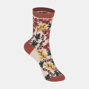 Cream botanical ankle socks with autumn-inspired leaf and berry pattern, featuring rust orange cuffs, heel and toe, with yellow, burgundy and dark green foliage on a soft cream background.