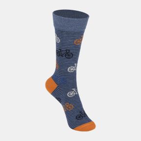 Blue striped bicycle socks with navy, white and orange bicycle motifs, featuring a blue marl background, fine horizontal stripe pattern, and contrasting orange heel and toe.