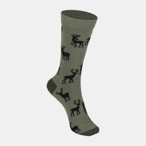 Olive green socks with repeating black stag motif, featuring a ribbed cuff and matching dark green heel and toe accents.