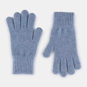 Light blue knitted gloves with a soft fuzzy texture, featuring a fine marl knit finish and wide ribbed cuffs, shown from front and back views.