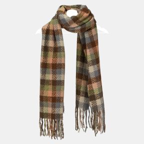 Multicoloured oversized check scarf with a soft brushed texture, featuring an all-over plaid pattern in brown, sage green, blush pink, cream and blue tones, finished with fringed ends and displayed draped on a hanger.