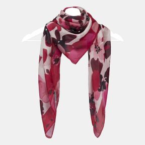 Pink floral square scarf with a lightweight semi-sheer fabric, featuring an oversized watercolour-style flower print in shades of pink, fuchsia, burgundy and blush, displayed draped on a hanger.