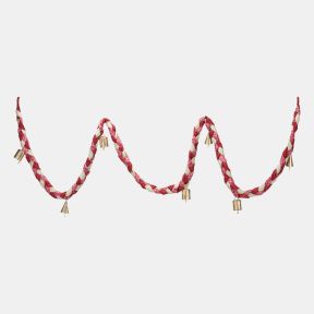 Pink and cream braided fabric garland with decorative gold-tone bell charms, featuring a twisted patchwork-style design for festive seasonal home décor.
