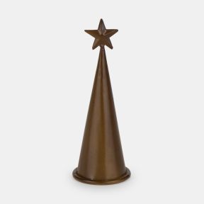 Brown metal Christmas tree ornament with a minimalist cone-shaped design, featuring a five-point star topper and circular base for festive seasonal home décor.